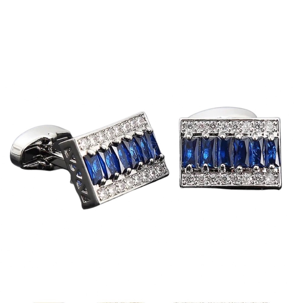Elegant Rectangular Silver Cufflinks with Blue Topaz and White Topaz